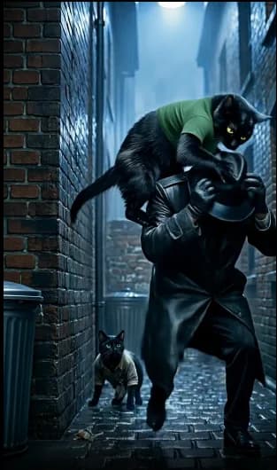 Sem diálogos. Trilha sonora conduzindo tudo. Quando a luz apaga, os gatos assumem o controle.